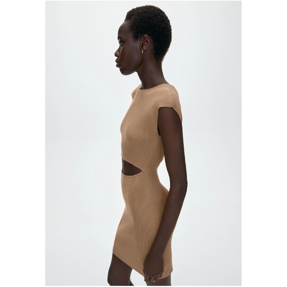 Wilfred Free Knit Cut Out Mini Dress Size Medium Camel‎ Ribbed Cap Sleeve - Picture 2 of 11